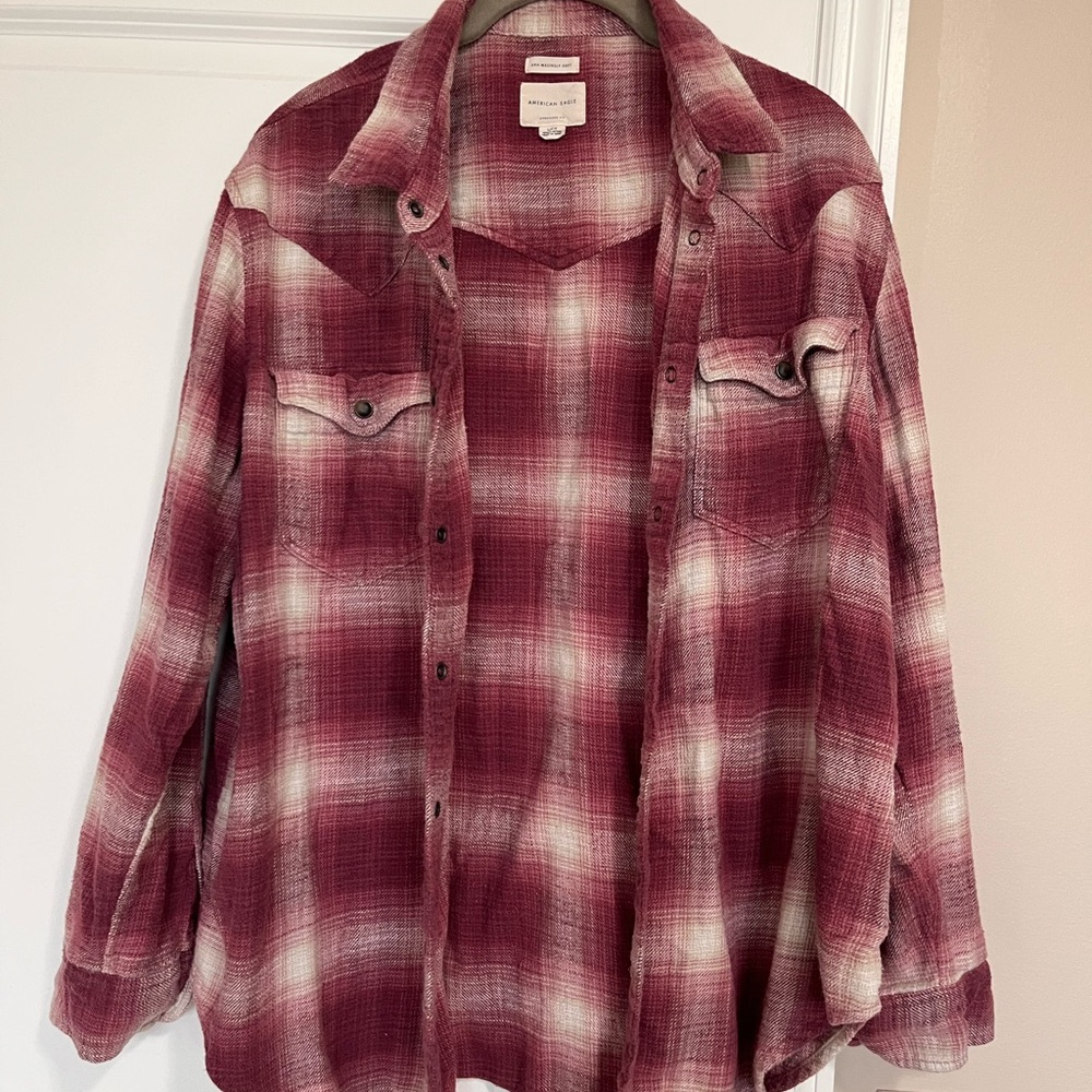 American Eagle Ahh-Mazingly Soft Pinkish-Red Plaid Button-Down Shirt